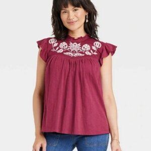 Flutter Sleeve Embroidered Top Blouse Knox Rose Red Purple Burgundy Floral NWOT